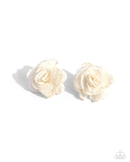 Tulle Twist - White Ivory Tulle Rosette Post Earring Paparazzi E2877
