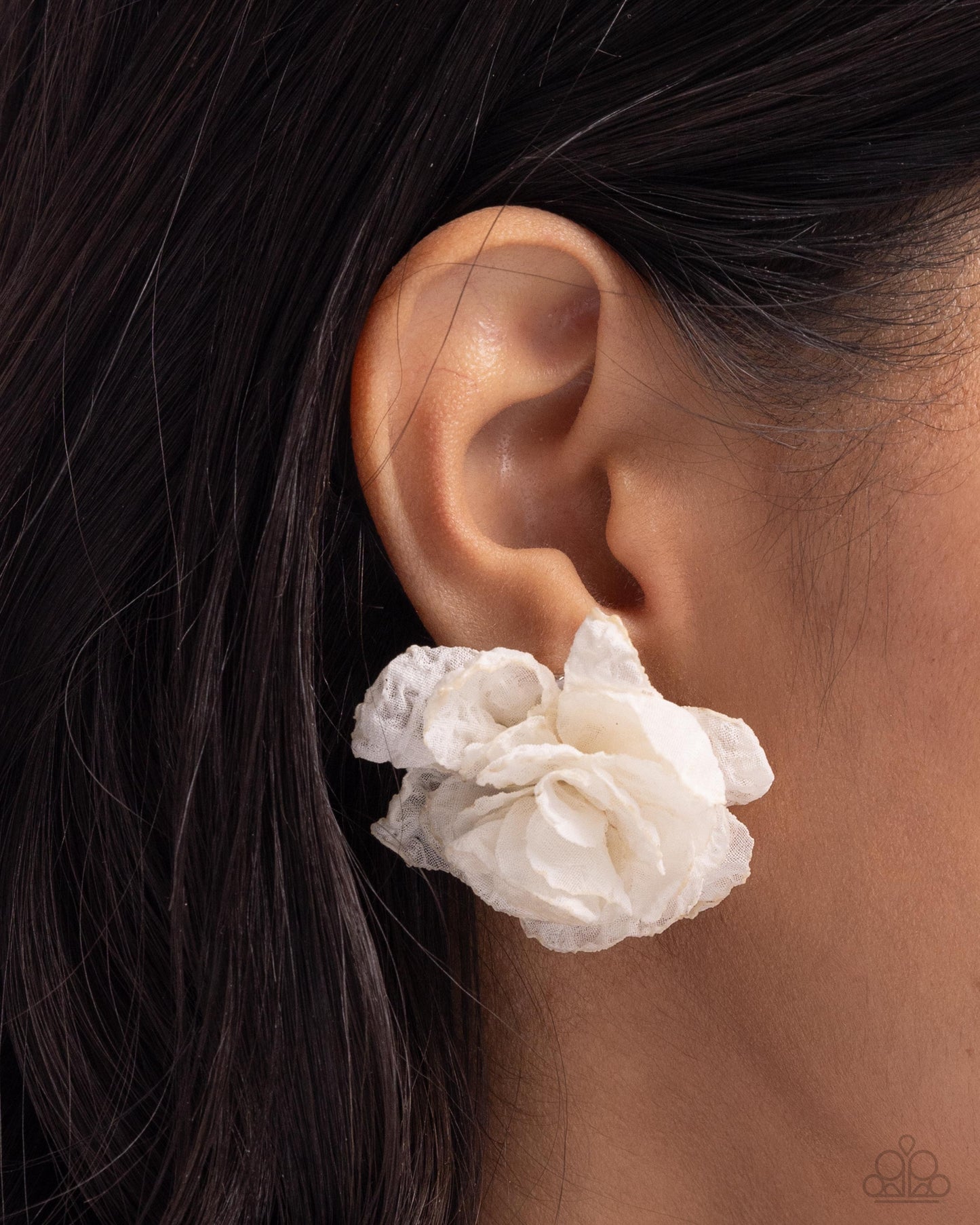 Tulle Twist - White Ivory Tulle Rosette Post Earring Paparazzi E2877