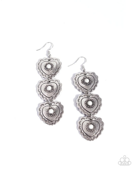 Vintage Allure - White Stone & Silver Studded Heart Santa Fe Style Earring Paparazzi E2831