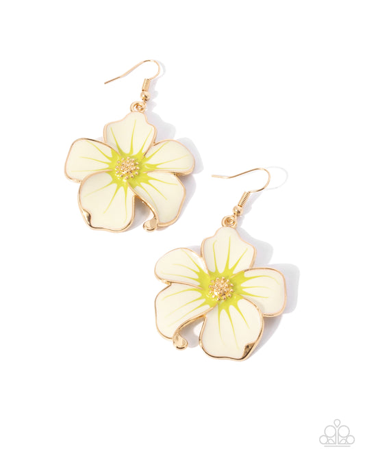 Floral Flavor - Gold & Yellow Hawaiian Cream Flower Pendant Earring Paparazzi E2637