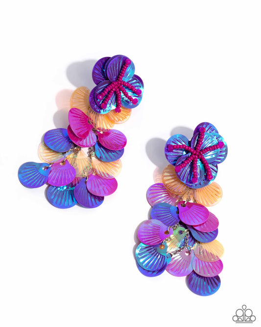 Under the Waves - Purple, Pink, Orange Sequin Floral Earring July 2024 Life Of The Party Paparazzi E2403