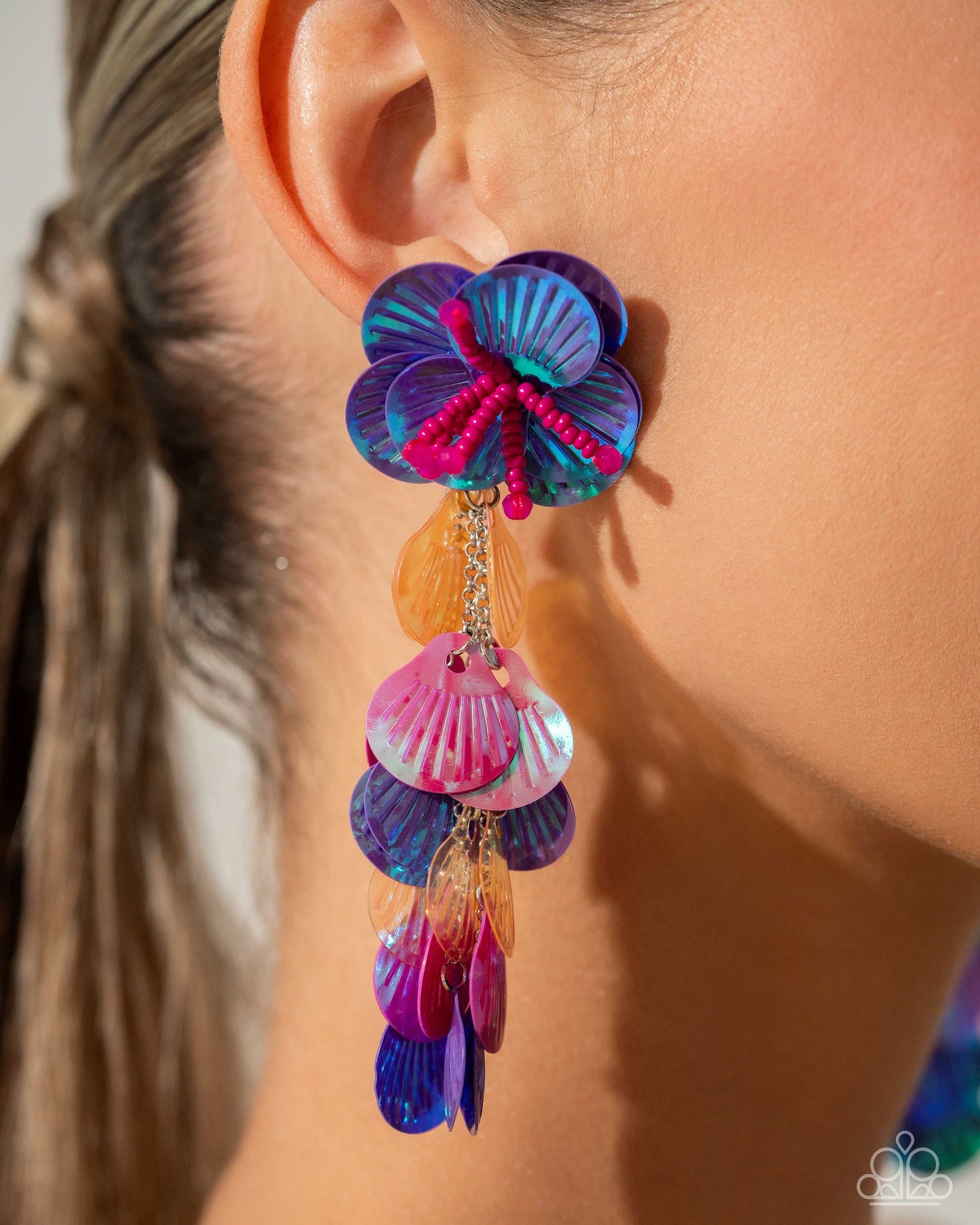Under the Waves - Purple, Pink, Orange Sequin Floral Earring July 2024 Life Of The Party Paparazzi E2403
