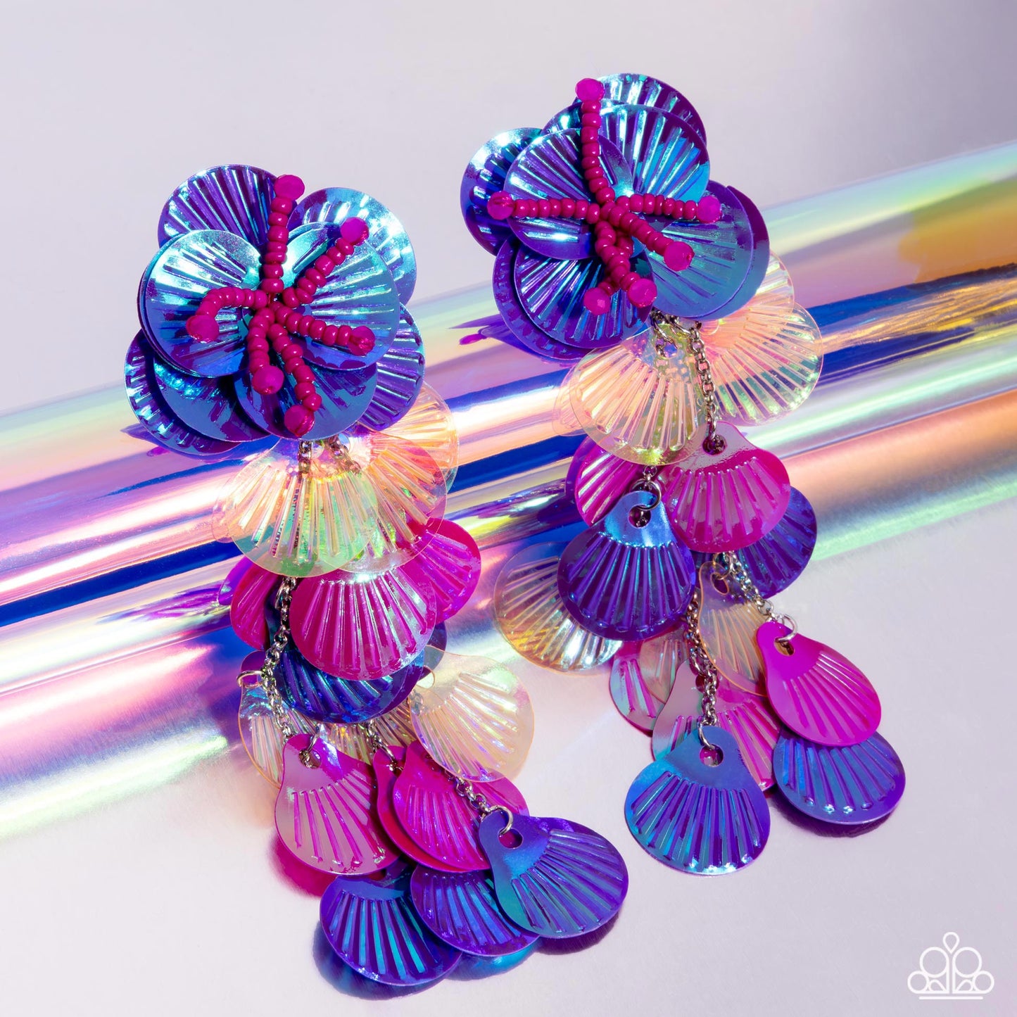 Under the Waves - Purple, Pink, Orange Sequin Floral Earring July 2024 Life Of The Party Paparazzi E2403