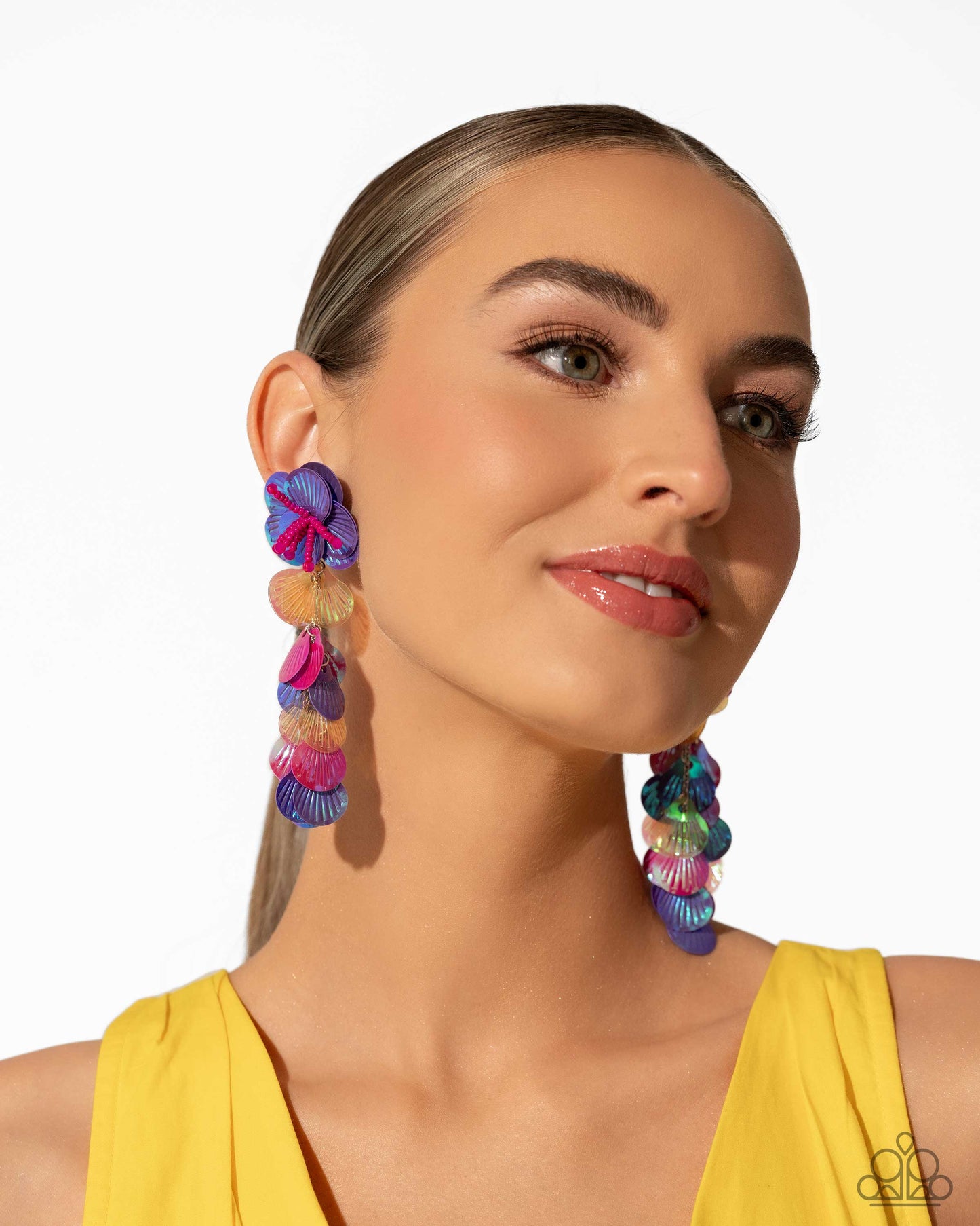 Under the Waves - Purple, Pink, Orange Sequin Floral Earring July 2024 Life Of The Party Paparazzi E2403