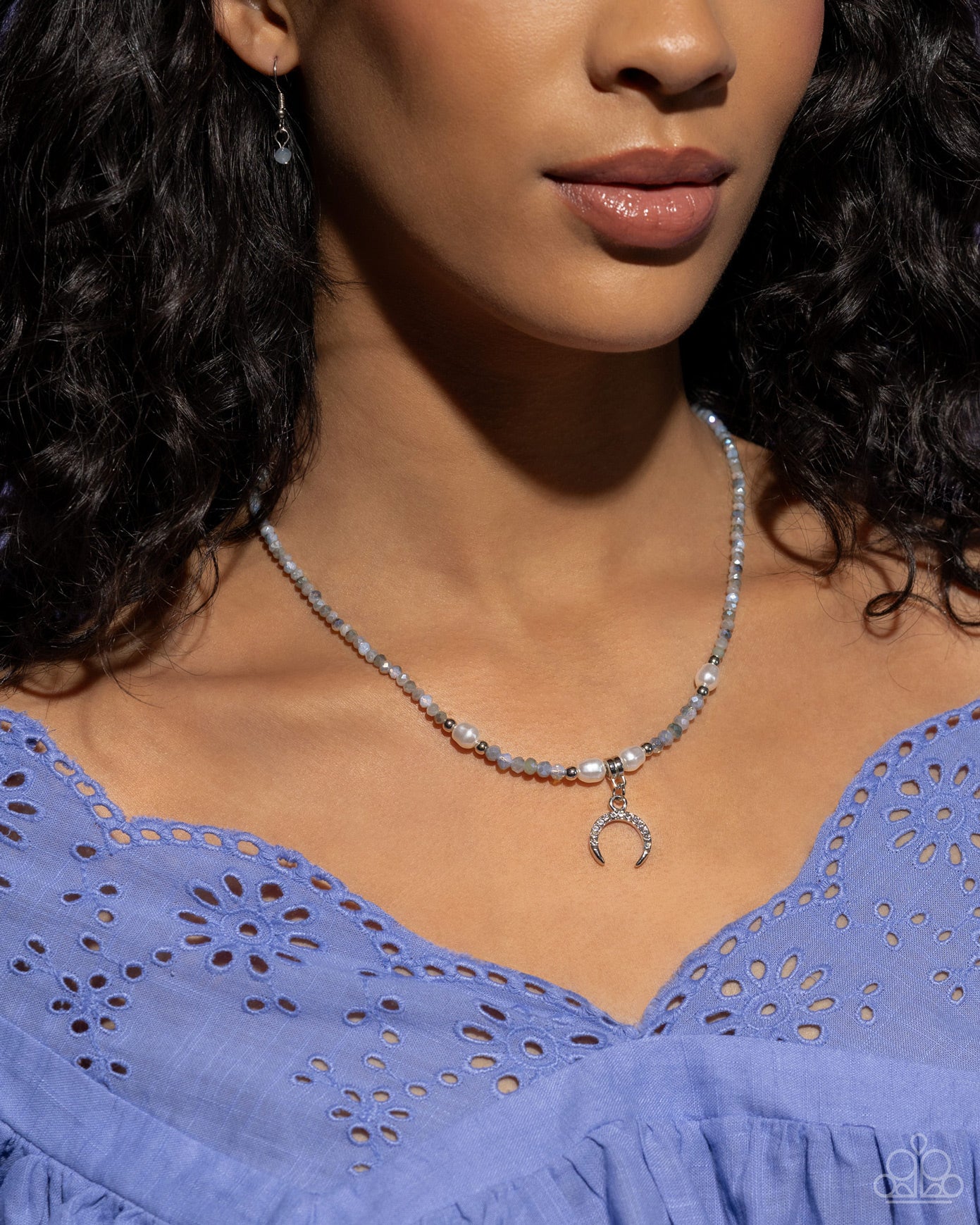 Trendy Trenchant - Silver White Rhinestone Crecent Moon Necklace Paparazzi N2805