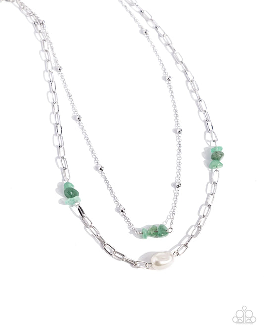 Santa Fe Suprise Green Jade Stone & White Pearl Layered Santa Fe Style Necklace Paparazzi N2750