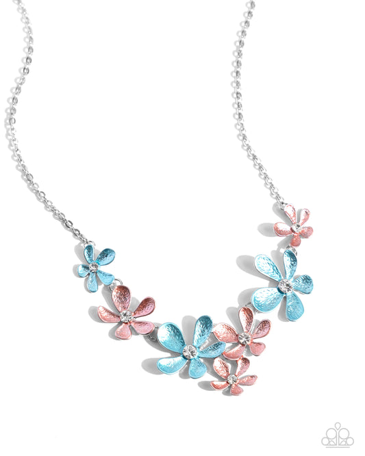 Reflective Rundown - Blue Capri, Desert Flower & White Rhinestone Flower Necklace Paparazzi N2401