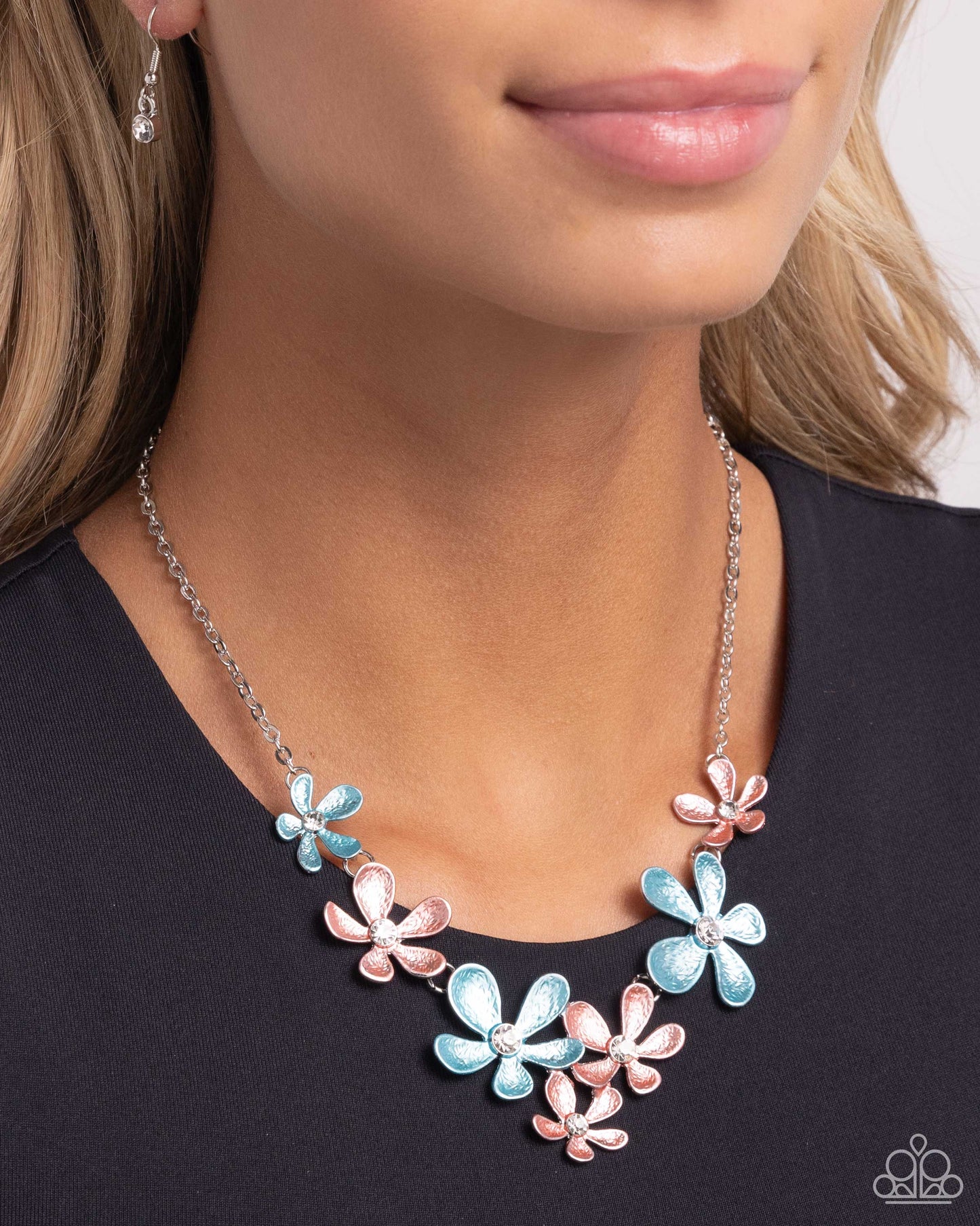 Reflective Rundown - Blue Capri, Desert Flower & White Rhinestone Flower Necklace Paparazzi N2401