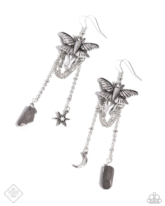 Moth Master - Silver Moth, Moon, Hematite Stone, Opalescent Star Sunset Sightings Fashion Fix Earring June 2024 Paparazzi E3106
