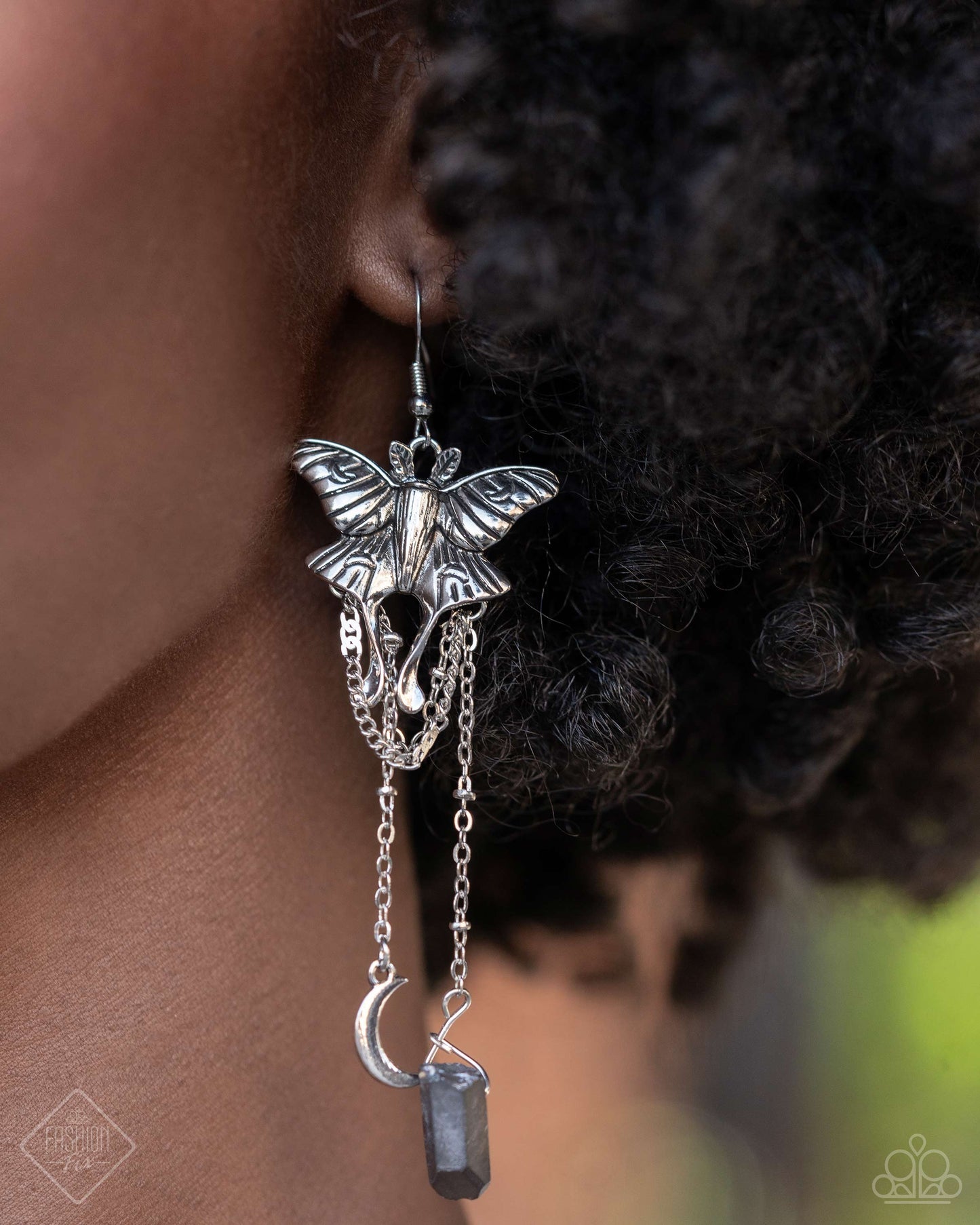 Moth Master - Silver Moth, Moon, Hematite Stone, Opalescent Star Sunset Sightings Fashion Fix Earring June 2024 Paparazzi E3106