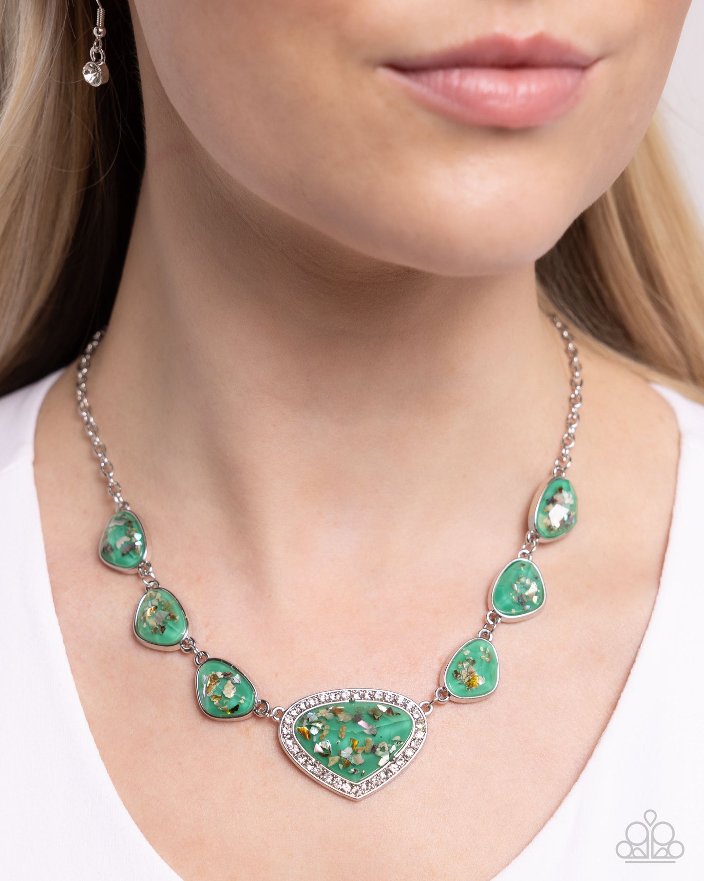 Discreet Dazzle - Green Mint Painted Frames & Flecks of Iridescent Shell Like Accent Necklace Paparazzi N2736