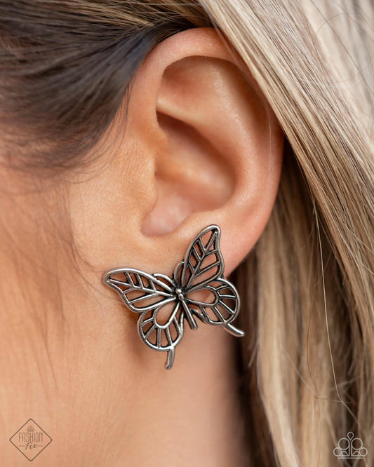 High and FLIGHTY - Silver Butterfly Earring Simply Santa Fe Fashion Fix May 2024 Paparazzi