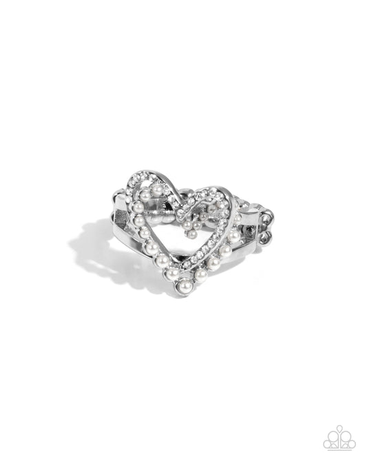 Just a Crush - White Pearl & Rhinestone Silver Heart Ring Paparazzi R0902
