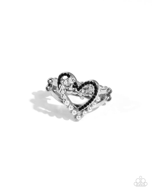 Just a Crush - Black Rhinestone, White Pearl, Two Interlocking Heart Ring Paparazzi R1006