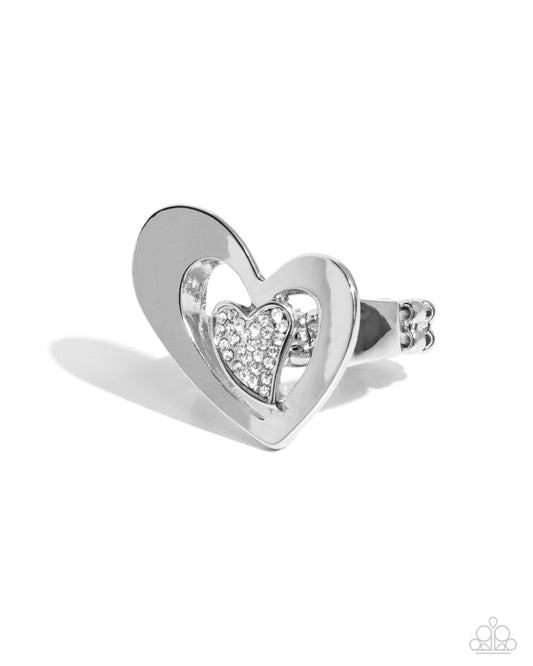 Abstract Amor - White Rhinestone Silver Heart Ring Paparazzi R0827