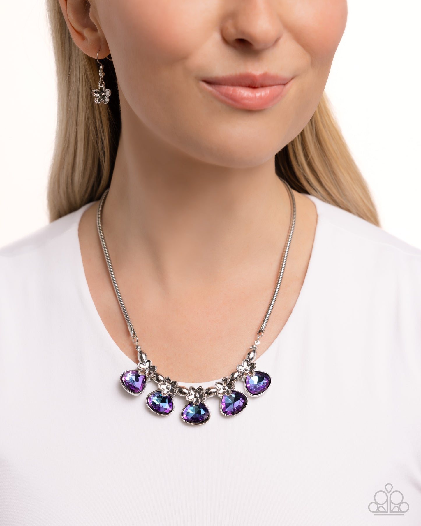 Teardrop Tribute - Purple UV Shimmer Silver Flower Necklace Paparazzi N2557