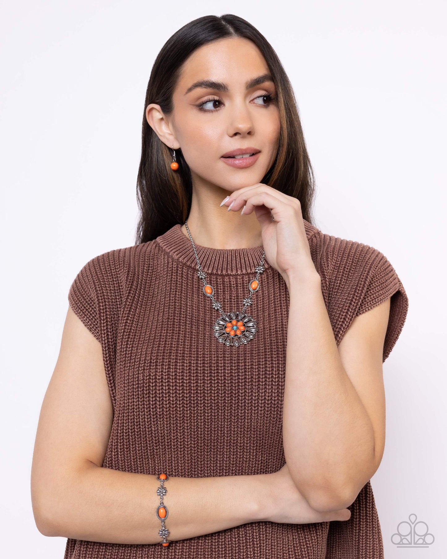 Ornate Opinion - Orange Stone Flower Santa Fe Style Necklace Paparazzi N2441