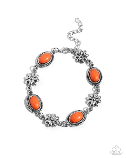 Earthy Estate - Orange Stone Silver Flower Santa Fe Style Bracelet Paparazzi