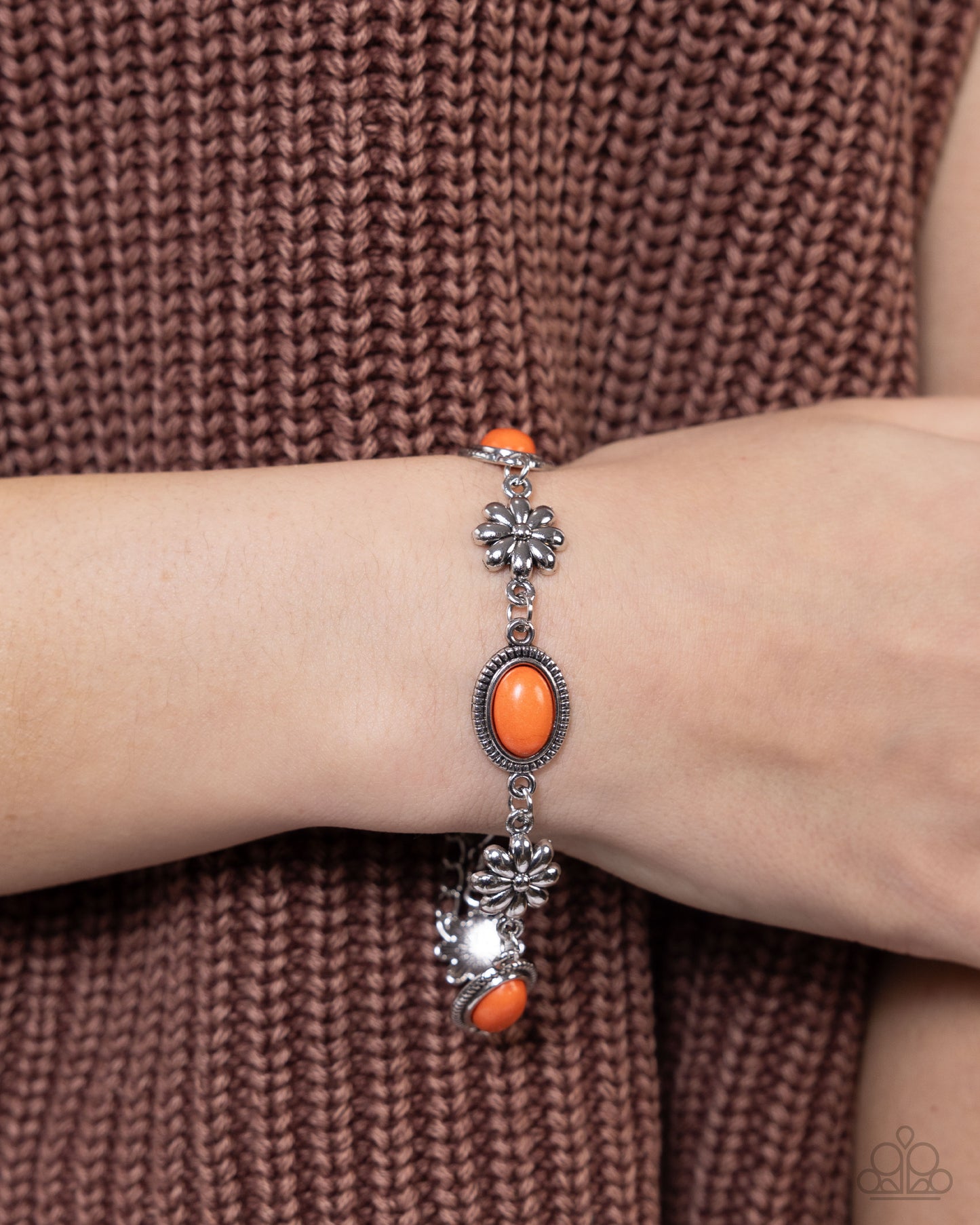 Earthy Estate - Orange Stone Silver Flower Santa Fe Style Bracelet Paparazzi