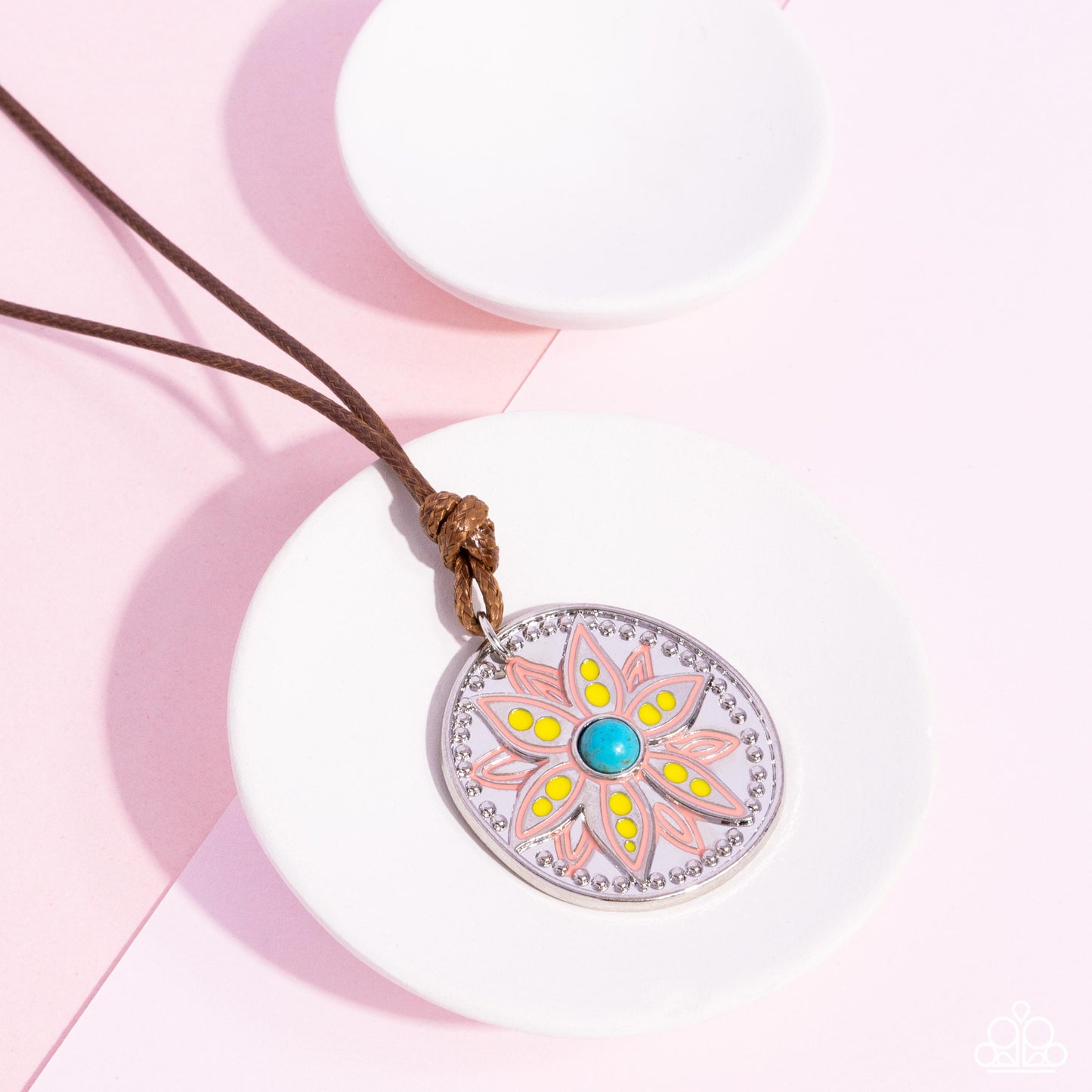 Mandala Marvel - Yellow - High Visibility, Turquoise, Desert Flower Painted Floral Santa Fe Style Necklace Paparazzi N2752