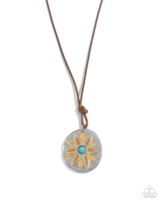Mandala Marvel - Orange & Saffron Painted, Turquoise Stone Floral Santa Fe Style Necklace Paparazzi N2759