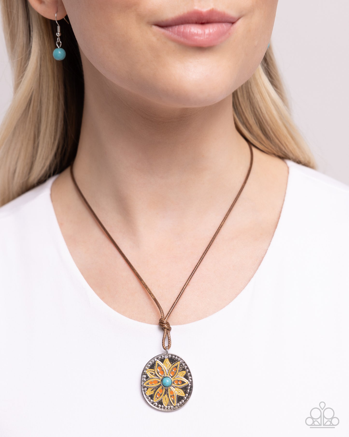 Mandala Marvel - Orange & Saffron Painted, Turquoise Stone Floral Santa Fe Style Necklace Paparazzi N2759