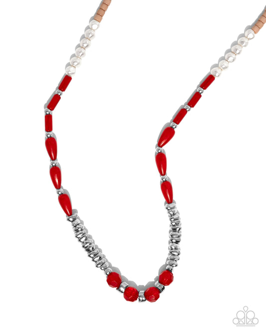 Dainty Diversity - Red, Brush, Silver & White Pearl Bead Necklace Paparazzi N2590