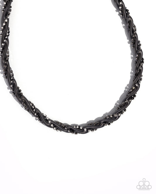Candid Coils - Black Gunmetal Snake Chain & White Rhinestone Coiled Necklace Paparazzi N2649