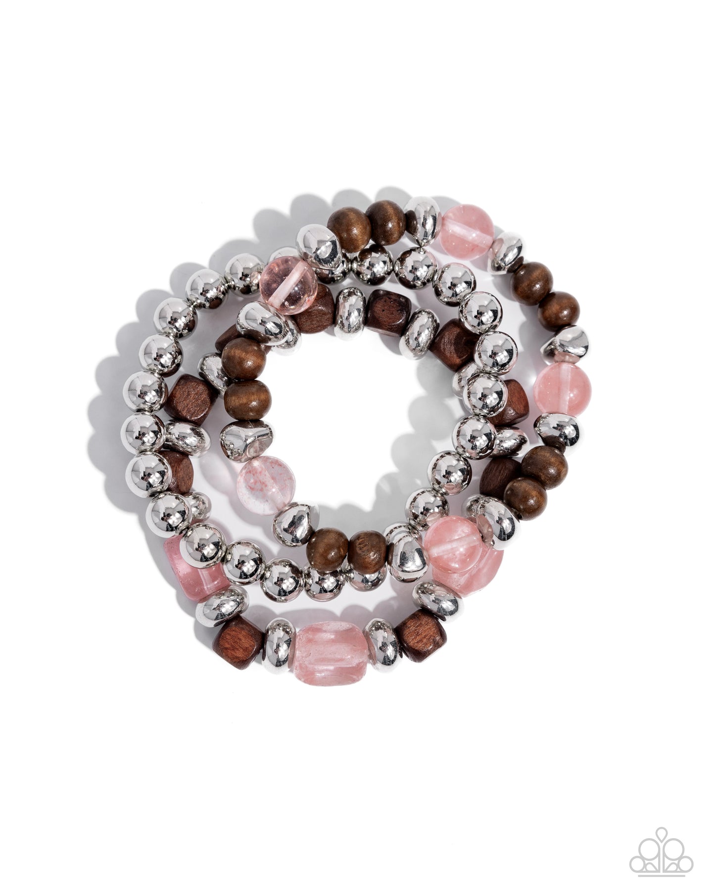 DIVERSIFIED Wood - Pink Glassy Stone, Wooden, Silver Bead Stretch Bracelets Paparazzi B1968