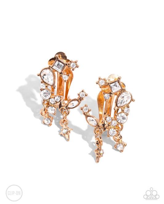 Fantastical Fashion - Gold & White Rhinestone Crescent Moon Clip On Earring Paparazzi E2458