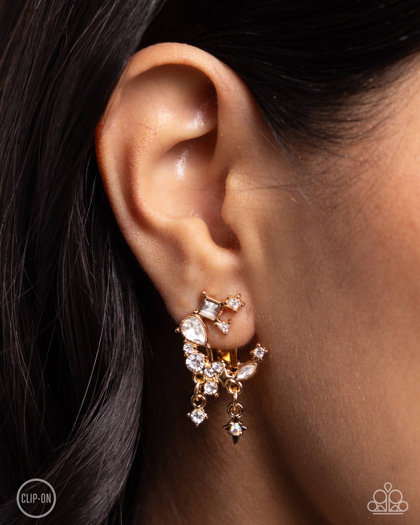 Fantastical Fashion - Gold & White Rhinestone Crescent Moon Clip On Earring Paparazzi E2458