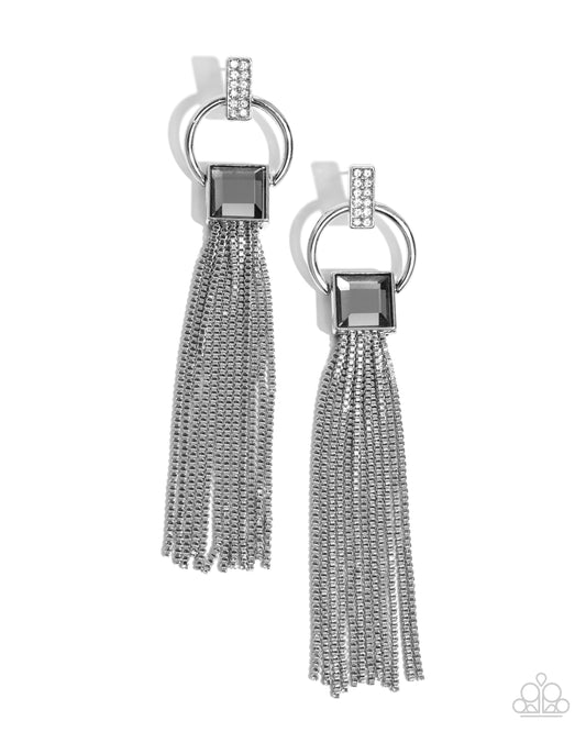 Softly Streamlined - Silver Hoop & White Rhinestone Fringe Earring Paparazzi E2366