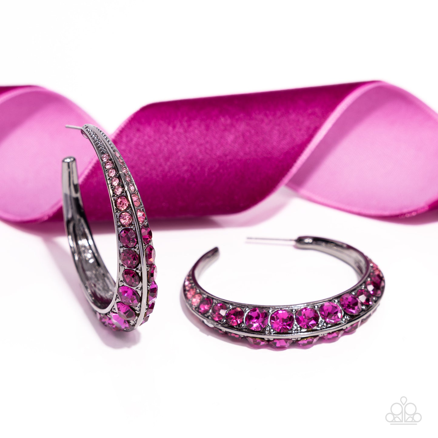 Embedded Edge - Pink Multicolored Ombre' Rhinestone Gunmetal 1 3/4 Inch Hoop Earring Paparazzi E2418