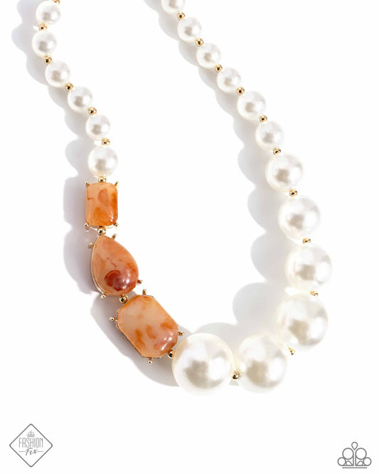 Marbled Moment - Orange Marbled & White Pearl Bead Necklace Fiercely 5th Ave Fashion Fix June 2024 Paparazzi N3613