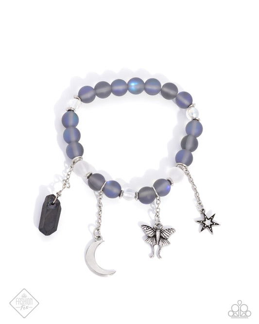 Moth Maestro - Blue Brushed Hematite Bead Moth Charm Stretch Bracelet Sunset Sightings Fashion Fix June 2024 Paparazzi B2413