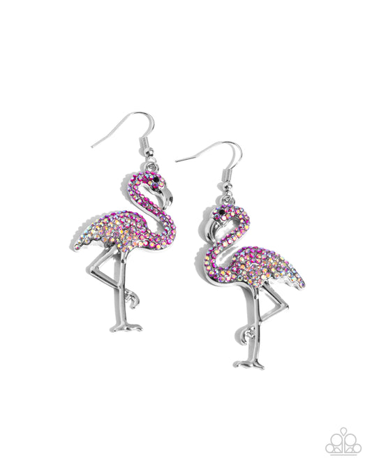 Flamingo Flourish - Pink & Pink Iridescent Rhinestone Silver Flamingo Earring Paparazzi E2738