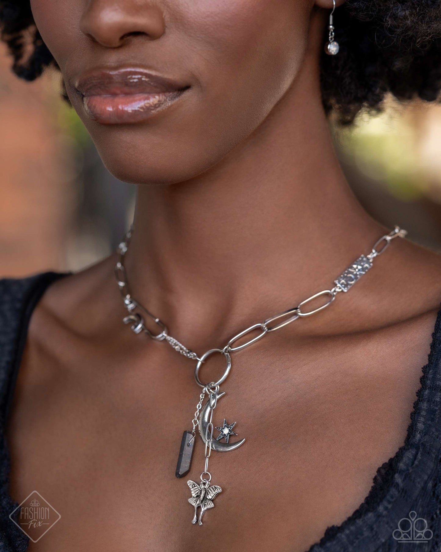 Celestial Confidence - Silver Moth, Moon, Star, Hematite Necklace Sunset Sightings Fashion Fix June 2024 Paparazzi N3614
