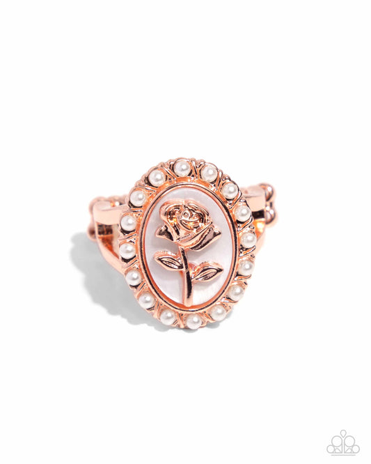 Rosy Reminder - Copper - Shiny Copper Rose Broach Like Ring Paparazzi R0798