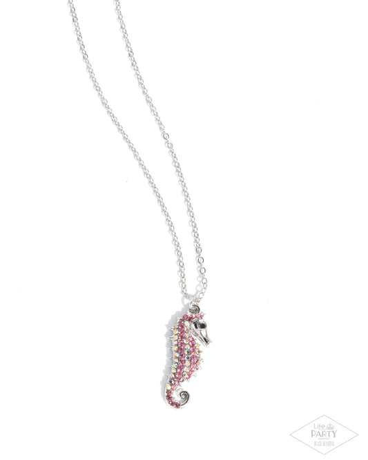 Seahorse Sailor - Pink Rose, Iridescent & Black Rhinestone Silver Seahorse Life Of The Party Black Diamond Encore Necklace Paparazzi N2979