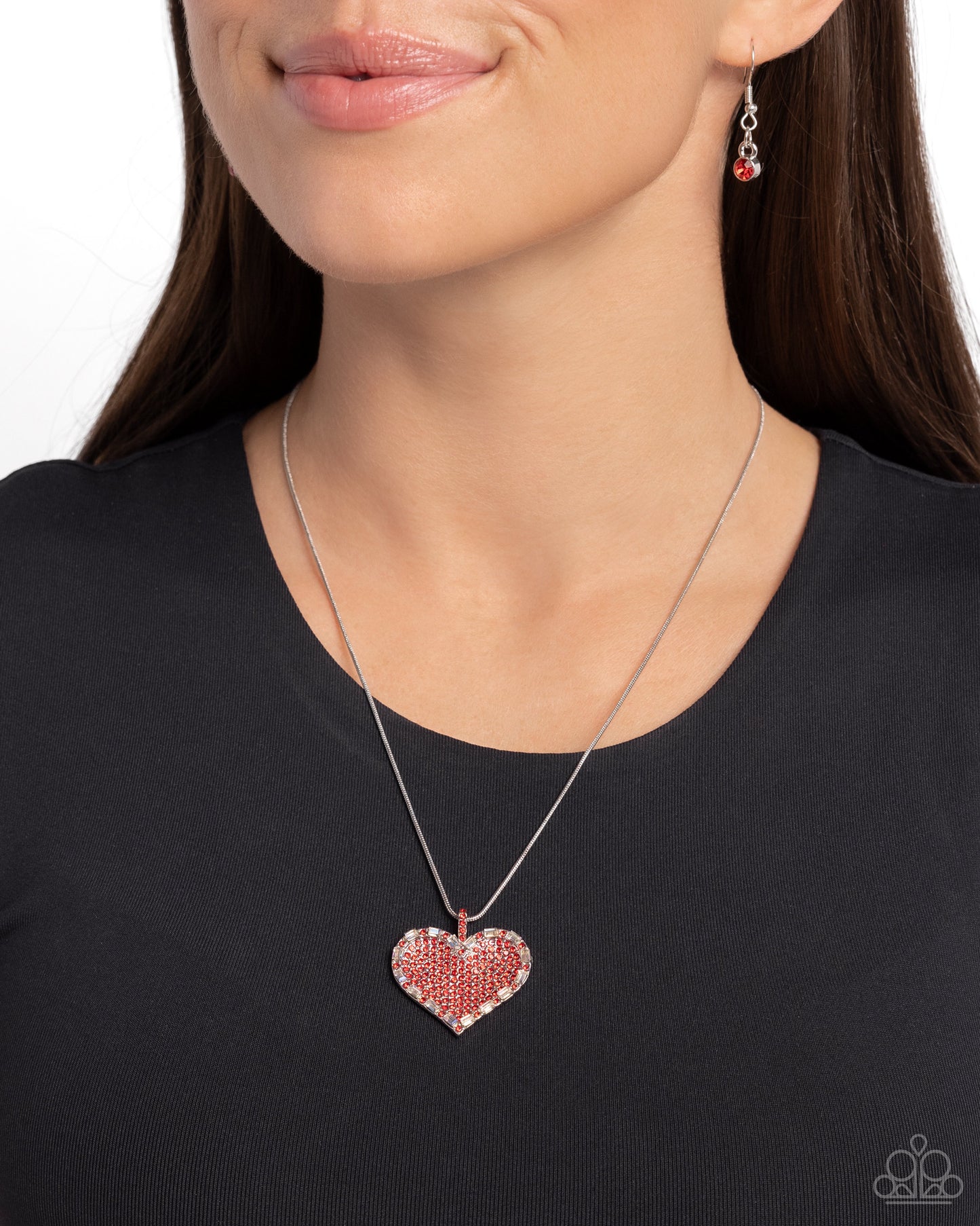 Affectionate Advance - Red Rhinestone & White Gem Heart Necklace Paparazzi N2591
