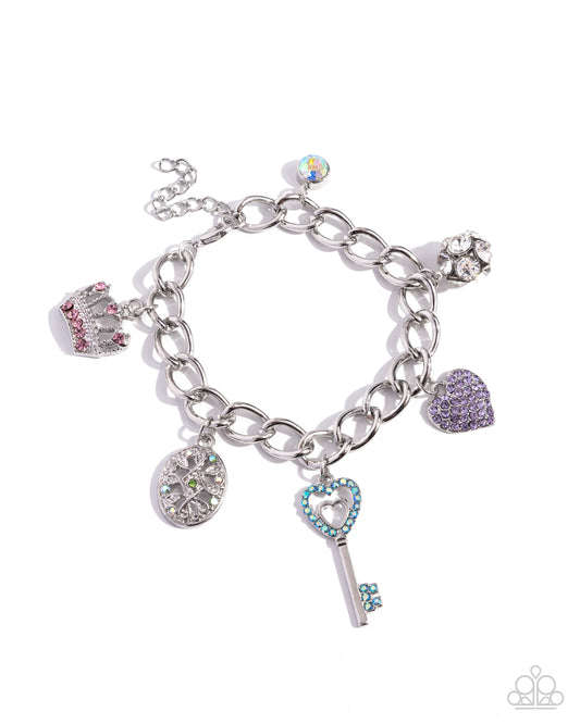 Regal Ratio - Multi Pink, Purple, Aquamarine, Iridescent, Rhinestone Charm Heart, Key, Style Silver Bracelet Paparazzi B1330