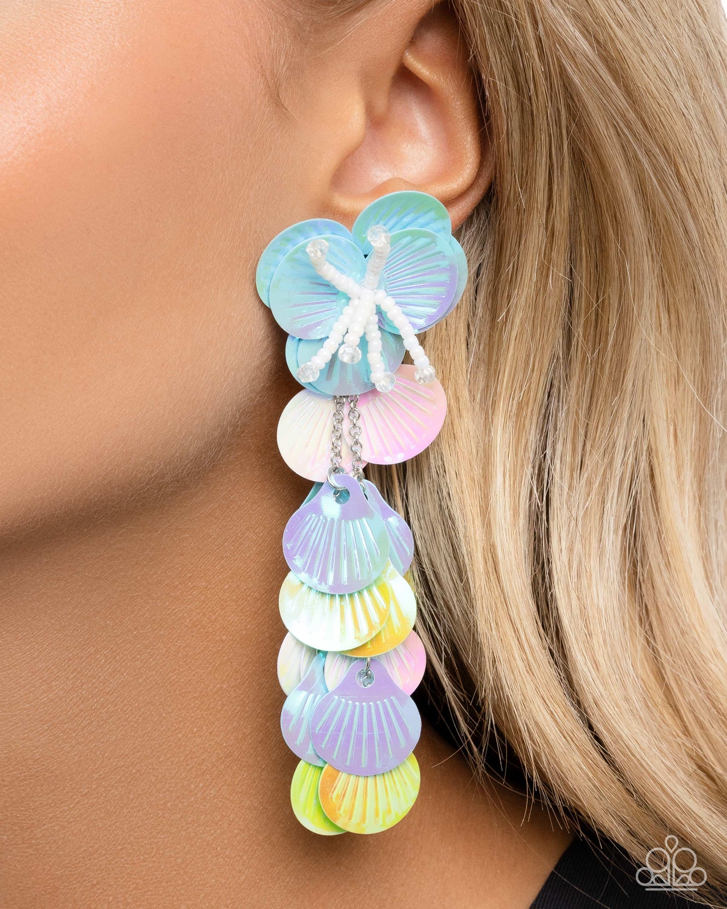 Under the Waves - Blue, Light Turquoise, Green, White Iridescent Hue Sequin Flower Earring Paparazzi E2149