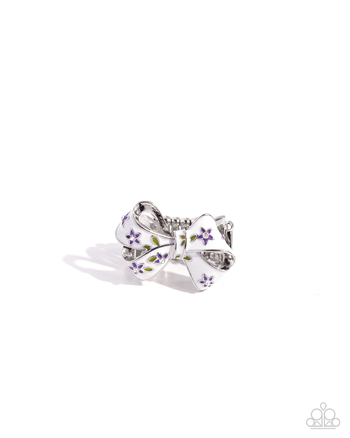 BOW Caution to the Wind - Purple Orchid Flowers White Painted Bow Ring Paparazzi R0858