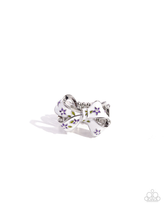 BOW Caution to the Wind - Purple Orchid Flowers White Painted Bow Ring Paparazzi R0858
