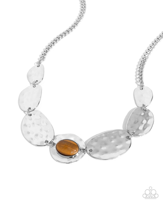 Textured Timbre - Brown Tigers Eye Stone Silver Hammered Necklace Paparazzi N2545