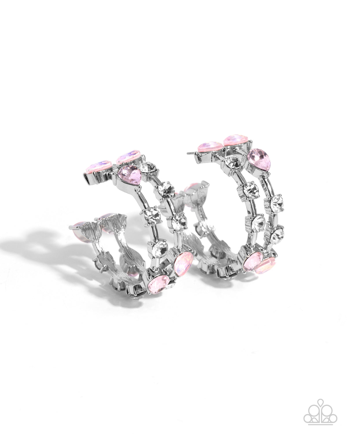 Paparazzi 5th Avenue Fare - Pink & White Gem Silver 1 1/2 Inch Hoop Earrings E3435