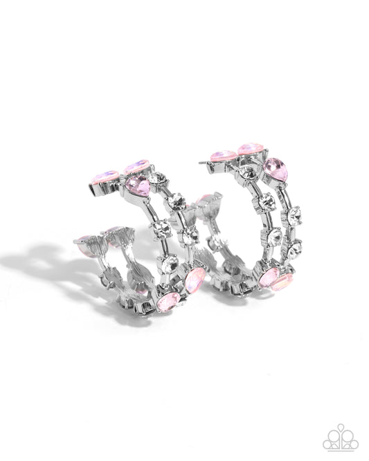 Paparazzi 5th Avenue Fare - Pink & White Gem Silver 1 1/2 Inch Hoop Earrings E3435