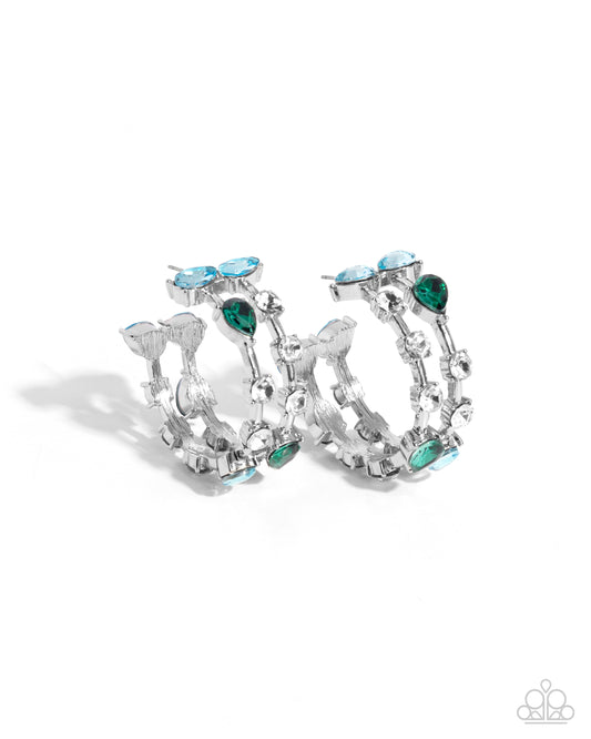 Paparazzi 5th Avenue Fare - Green Emerald, Blue Gem 1 1/2 Inch Silver Hoop Earring