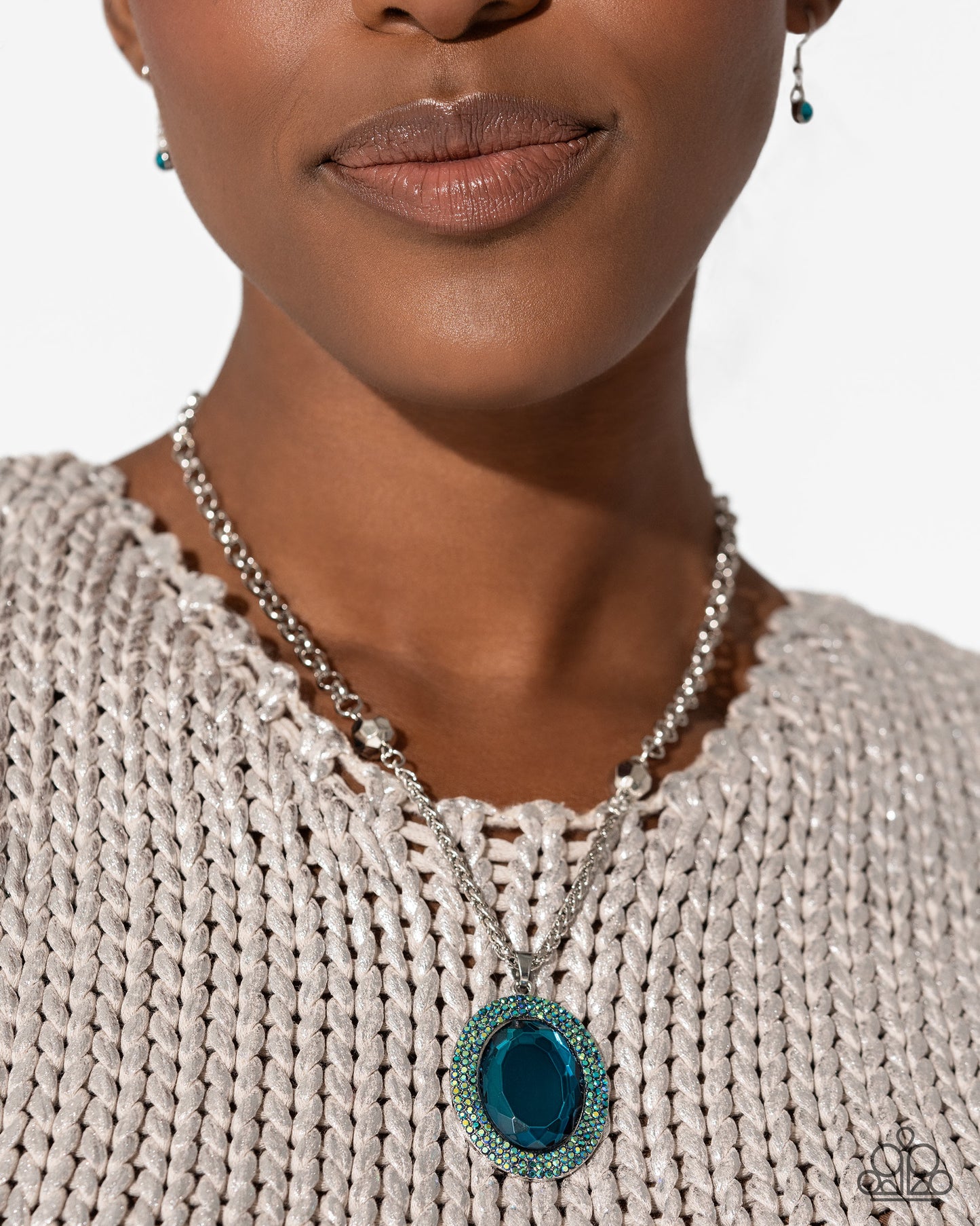 Manufactured Majesty - Blue Iridescent Rhinestone & Oval Bead Necklace Paparazzi Life Of The Party September 2024 Paparazzi N2596