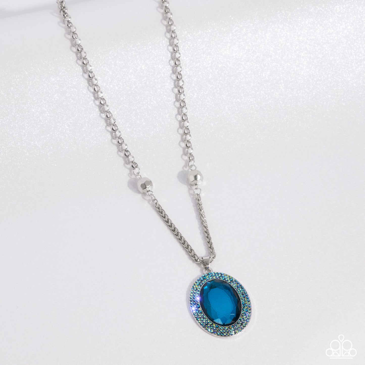 Manufactured Majesty - Blue Iridescent Rhinestone & Oval Bead Necklace Paparazzi Life Of The Party September 2024 Paparazzi N2596
